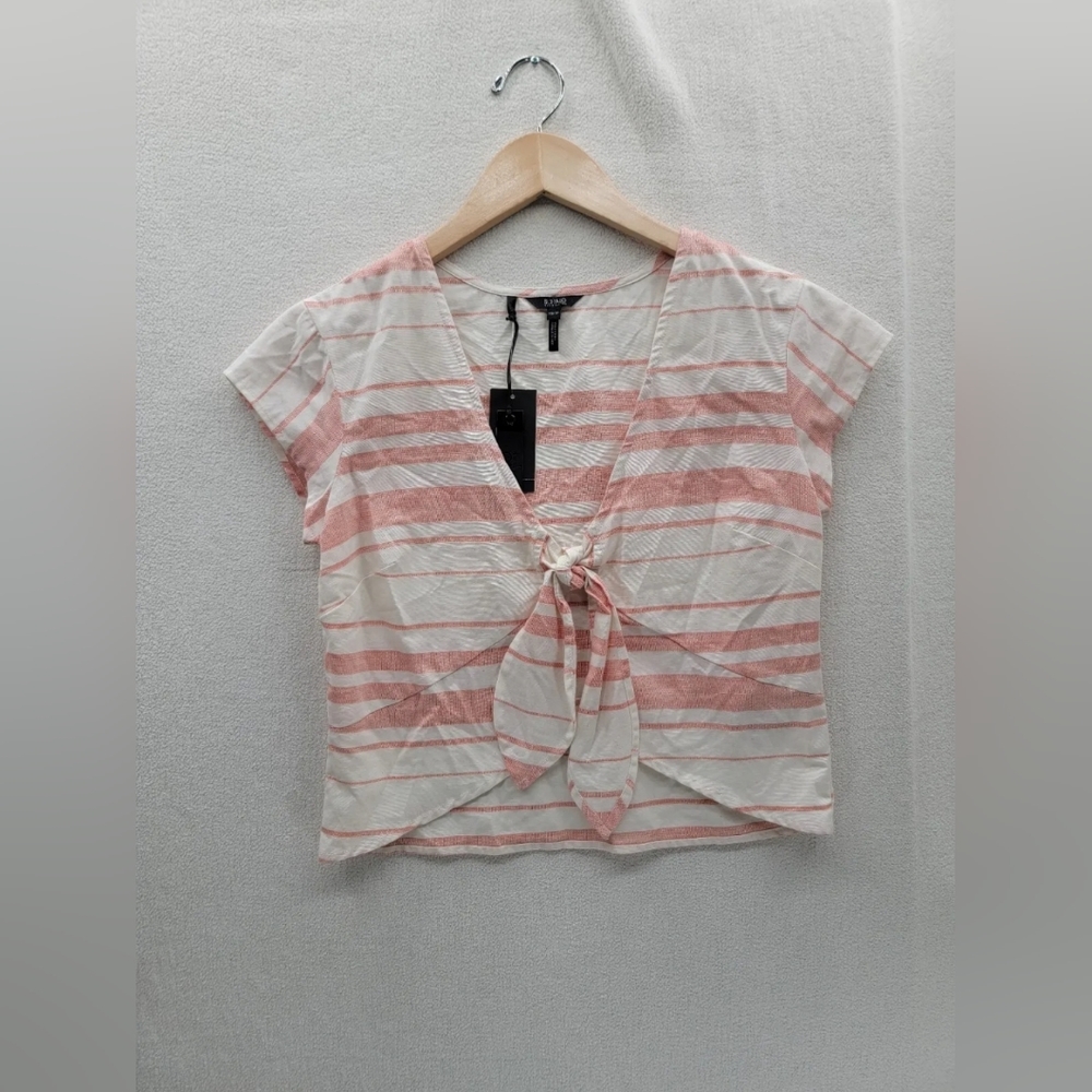 NWT Buffalo David Bitton Textured Strip Tie Front Cap Sleeve $59 Top Size-XS